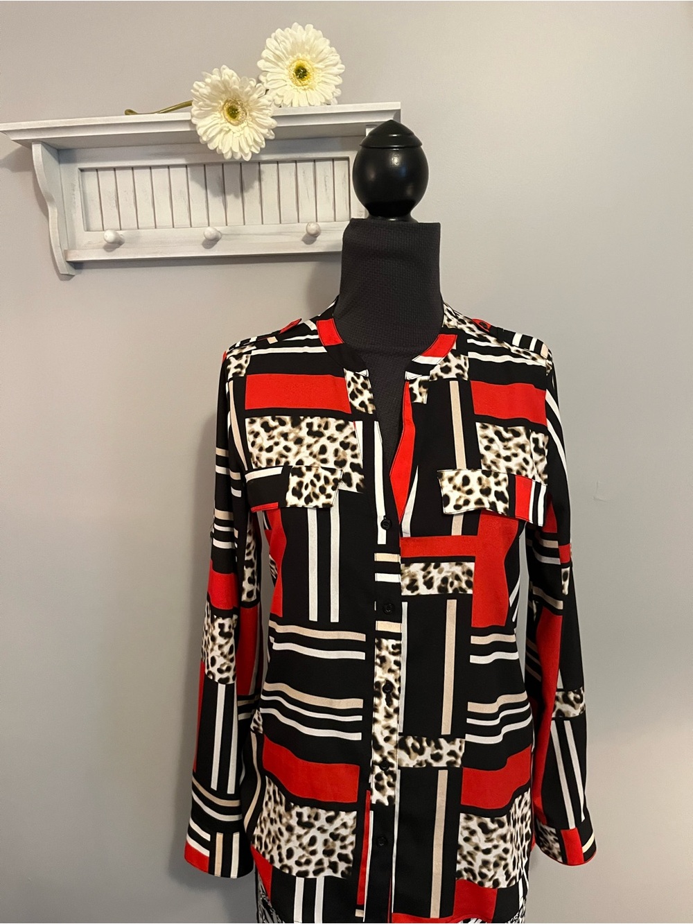 Calvin Klein Black, Red & Cream Geometric Leopard Print Blouse EUC